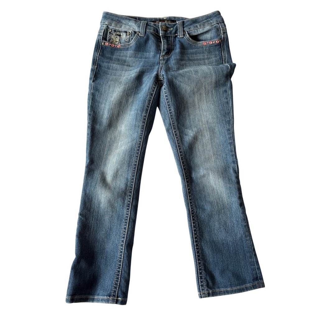 Love X Nation Y2K Bootcut‎ Jeans Womens 4 Cropped Rhinestone Embroidered)